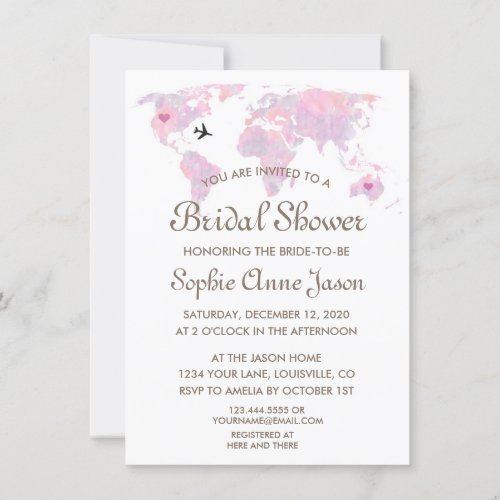 Travel Wedding Watercolor World Map Bridal Shower Invitation