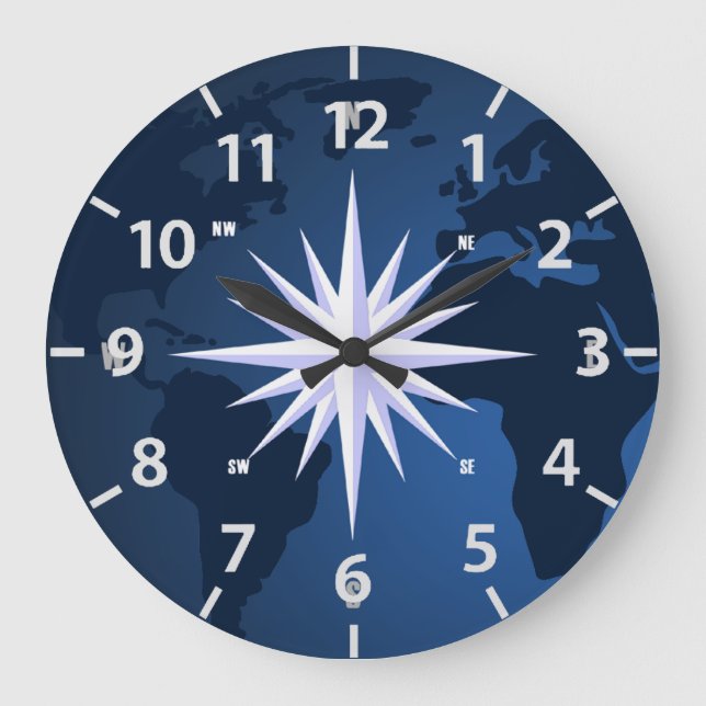 Travel World Map Compass Rose Large Clock (Front)