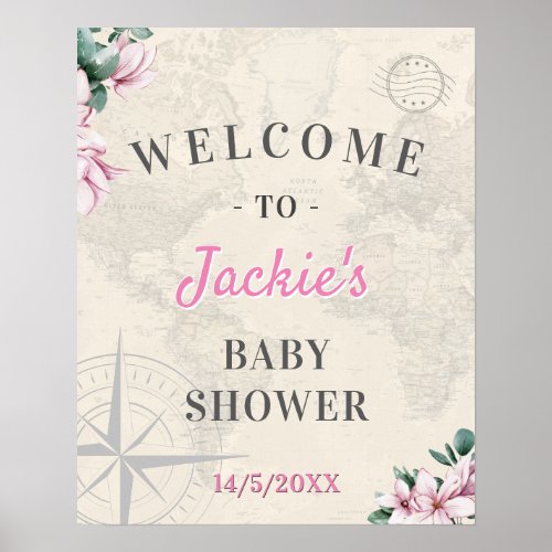 Travel World Map Pink Floral Baby Shower Welcome Poster