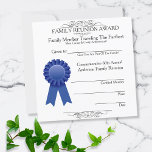 Traveled Farthest Family Reunion Awards Blue Invitation<br><div class="desc">Blue ribbon graphic with template of awards given at family reunions. Filigree scrolls at top header and bottom. Fill in the blanks for on the spot completion, and text templates to vary the type of award, sub-headline text about the award, reunion name and fill in the annual number of reunion....</div>