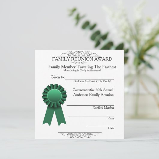 Traveled Farthest Family Reunion Awards Green (Standing Front)