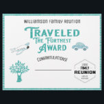 Traveled The Furthest Family Tree Reunion Award Letterhead<br><div class="desc">Who traveled the furthest to your family reunion? Whether they traveled by plane or car recognize their achievement with this Traveled the Furthest Award certificate. Features a modern look with a plane and car. Also features a family tree with a love heart. Logo style seal with year of event and...</div>