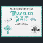 Traveled The Furthest Family Tree Reunion Award Letterhead<br><div class="desc">Who traveled the furthest to your family reunion? Whether they traveled by plane or car recognize their achievement with this Traveled the Furthest Award certificate. Features a modern look with a plane and car. Also features a family tree with a love heart. Logo style seal with year of event and...</div>
