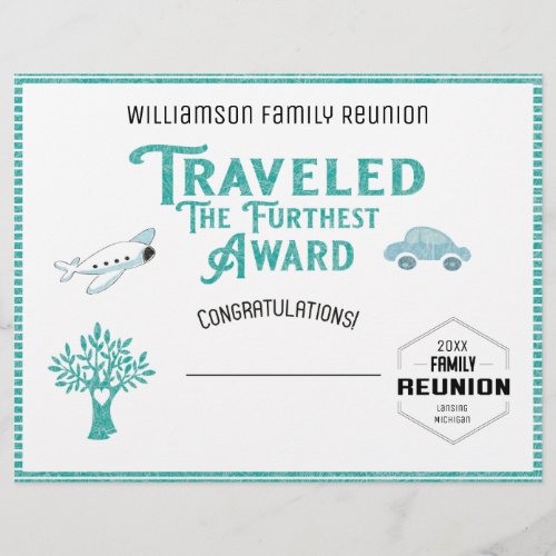 Traveled The Furthest Family Tree Reunion Award Letterhead