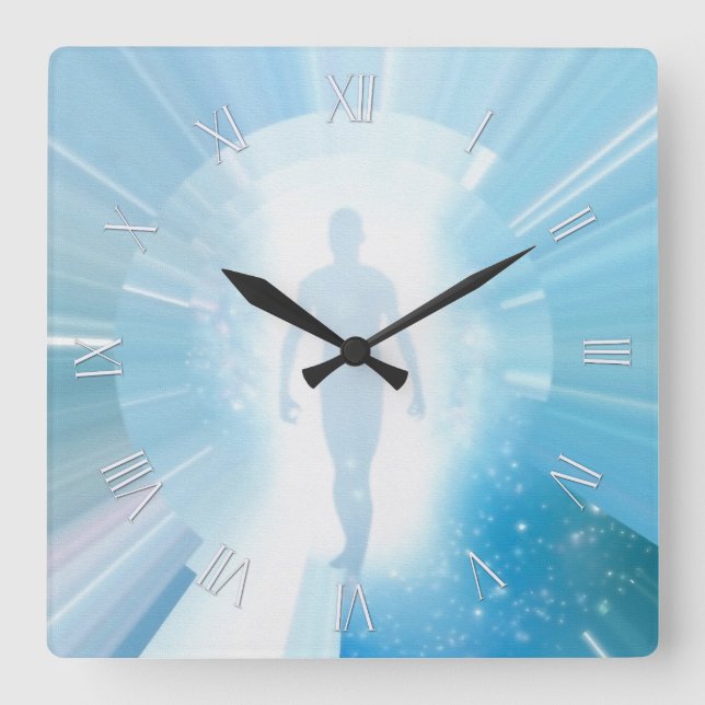 Traveler through space and time square wall clock (Front)