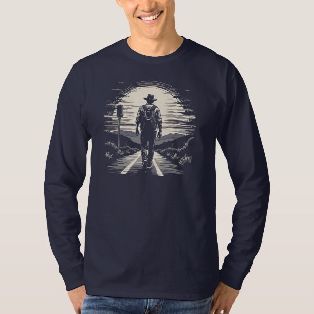traveler walking on road in front of a sunset T-Shirt (Front)