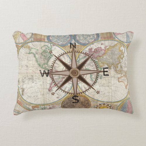 Traveler World Map Compass Rose Accent Pillow