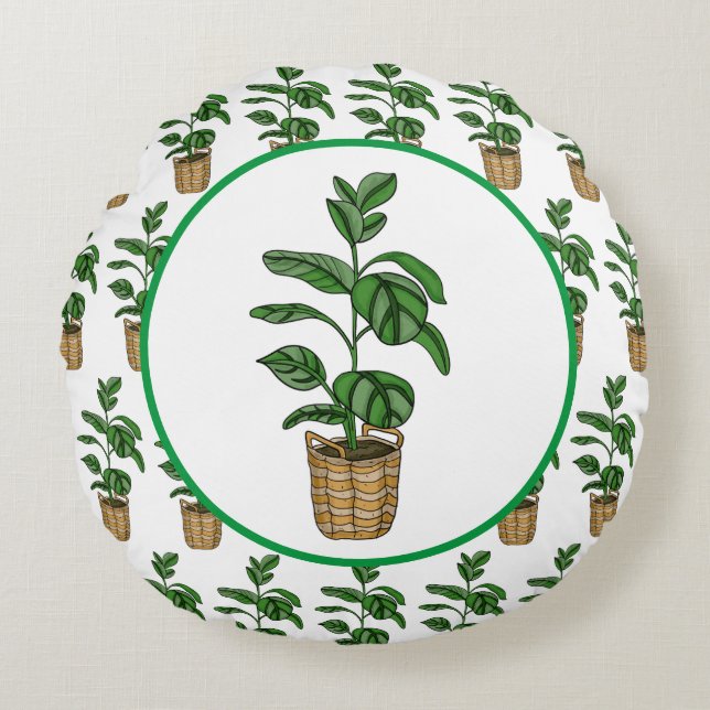 Traveler's Palm Hand drawn Plant Round Pillow (Front)