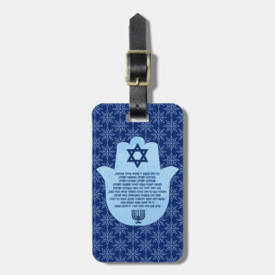 Traveler's Prayer In Hebrew Blue Text Floral Hamsa Luggage Tag
