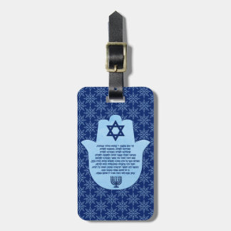Traveler's Prayer In Hebrew Blue Text Floral Hamsa Luggage Tag