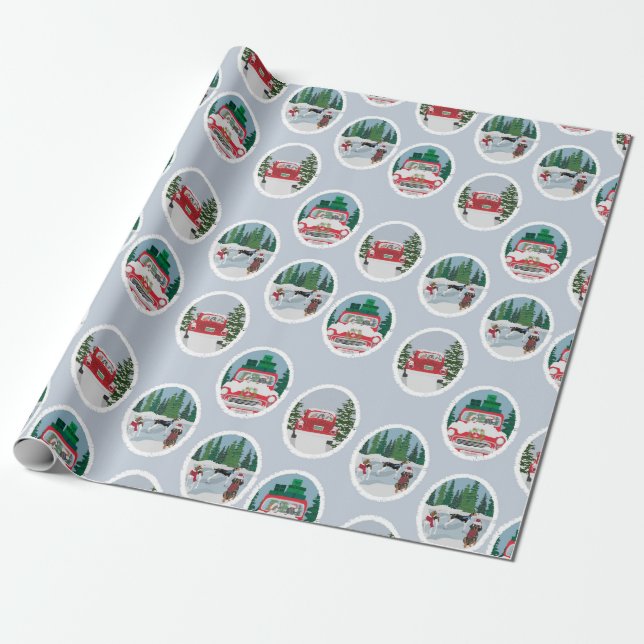 Traveling Coonhounds on Blue Wrapping Paper (Unrolled)