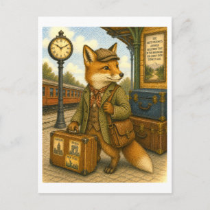 Traveling Fox Illustration Postcard