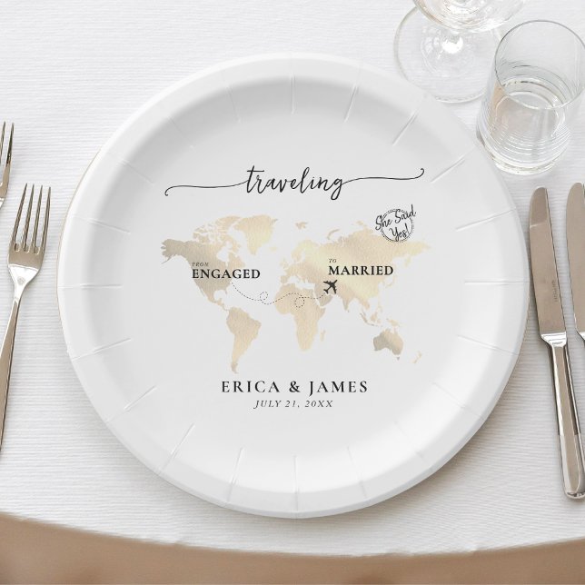 Traveling from Engaged to Married Gold Map Paper Plates (Creator Uploaded)