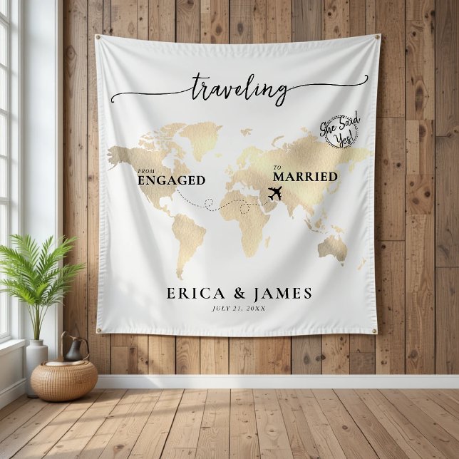 Traveling from Engaged to Married Gold Map Tapestry (Creator Uploaded)
