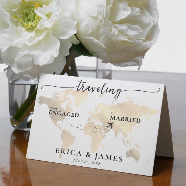 Traveling from Engaged to Married Gold Map Thank You Card (Creator Uploaded)