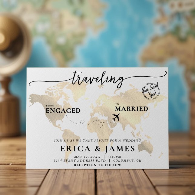 Traveling from Engaged to Married Gold Map Wedding Invitation (Traveling from Engaged to Married Gold Map Wedding Invitation
)