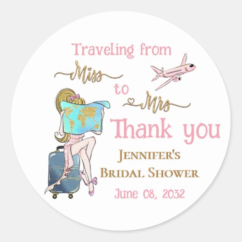 Traveling From Miss to Mrs Bridal Shower Favor Classic Round Sticker