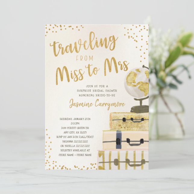 Traveling from Miss to Mrs Bridal Shower Invitation (Standing Front)