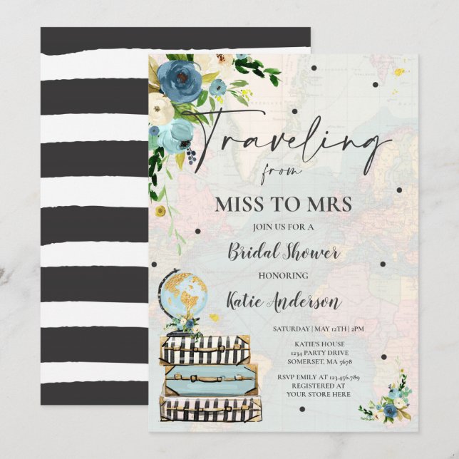 Traveling From Miss to Mrs Bridal Shower Map Bride Invitation (Front/Back)