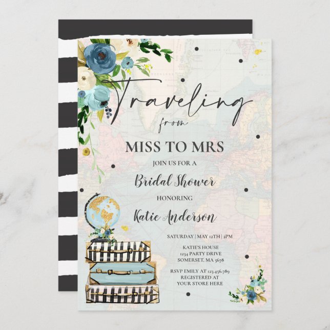 Traveling From Miss to Mrs Bridal Shower Map Bride Invitation (Front/Back)