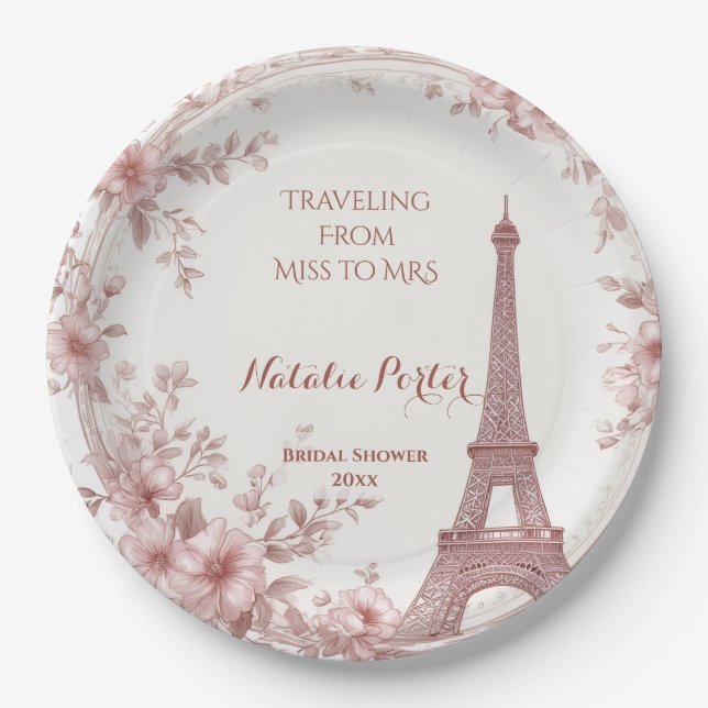 Traveling from Miss to Mrs Bridal Shower Paris Art Paper Plates (Front)