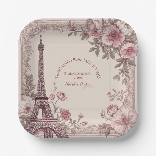 Traveling from Miss to Mrs Bridal Shower Paris  Paper Plates (Front)