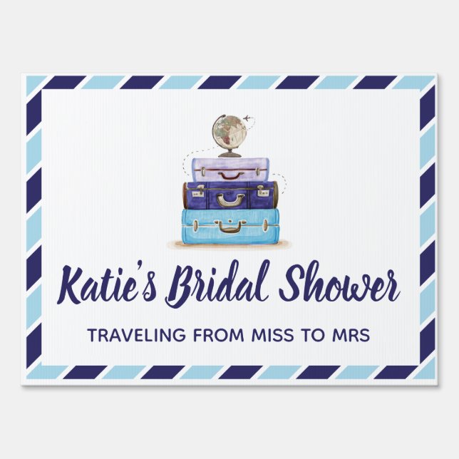Traveling from Miss to Mrs Bridal Shower Sign Blue (Front)