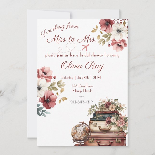 Traveling from Miss to Mrs, Bridal Shower, Travel  Invitation (Front)