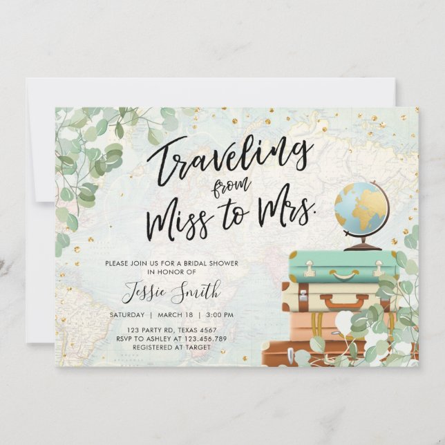 Traveling From Miss to Mrs Greenery Bridal Shower Invitation (Front)