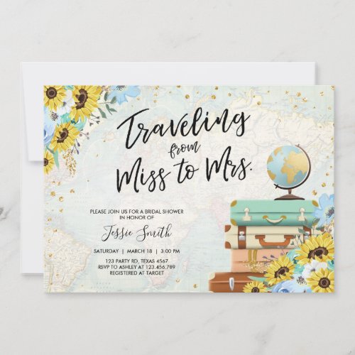 Traveling From Miss to Mrs Sunflower Bridal Shower Invitation