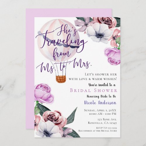 Traveling From Ms to Mrs Bridal Shower lavender Invitation