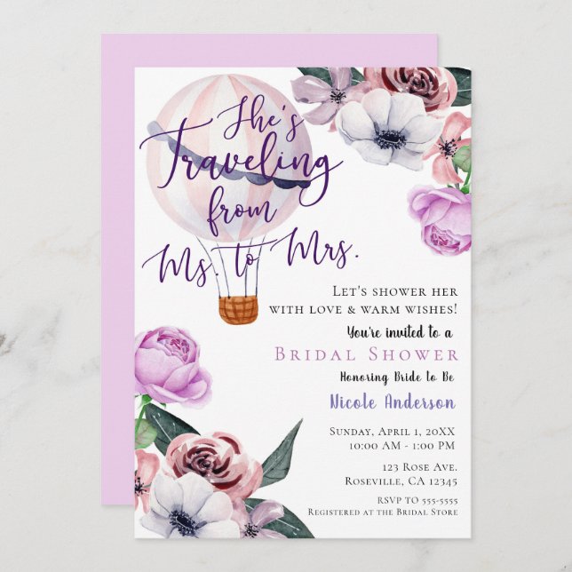 Traveling From Ms. to Mrs. Bridal Shower lavender Invitation (Front/Back)