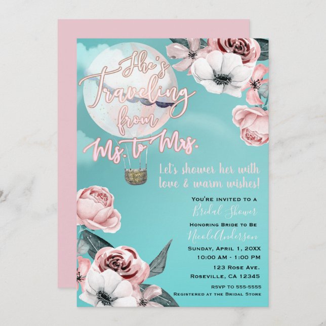 Traveling From Ms. to Mrs. Bridal Shower Teal Pink Invitation (Front/Back)