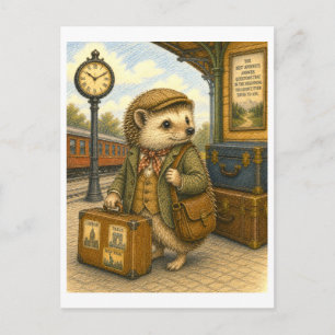 Traveling Hedgehog Illustration Postcard