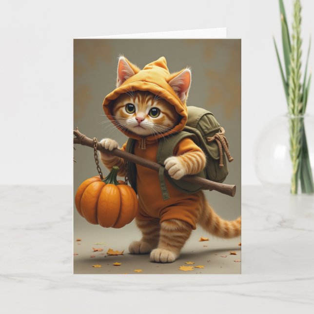 Traveling hobo kitty with pumpkin card (Front)