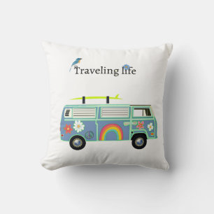Traveling Life Retro Van Road Trip Gift Accessory Throw Pillow