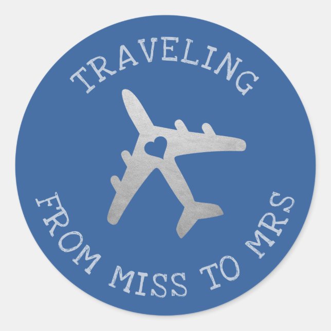 Traveling Miss to Mrs Blue Airplane Favor Label (Front)