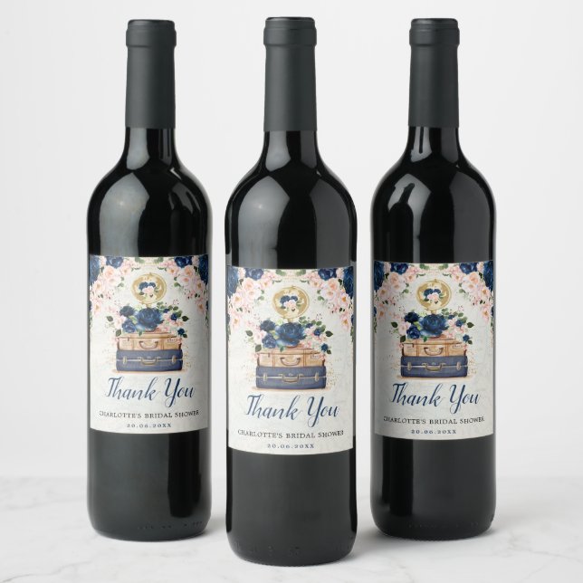 Traveling Miss to Mrs Navy Blush Bridal Shower Wine Label (Bottles)