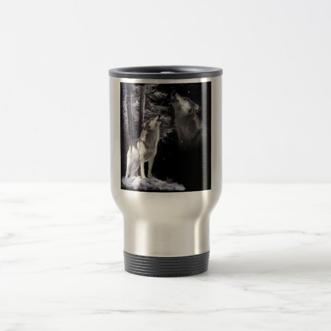 Traveling mug with howling wolf scene (Center)