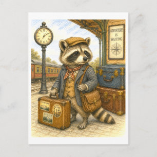 Traveling Raccoon Illustration Postcard