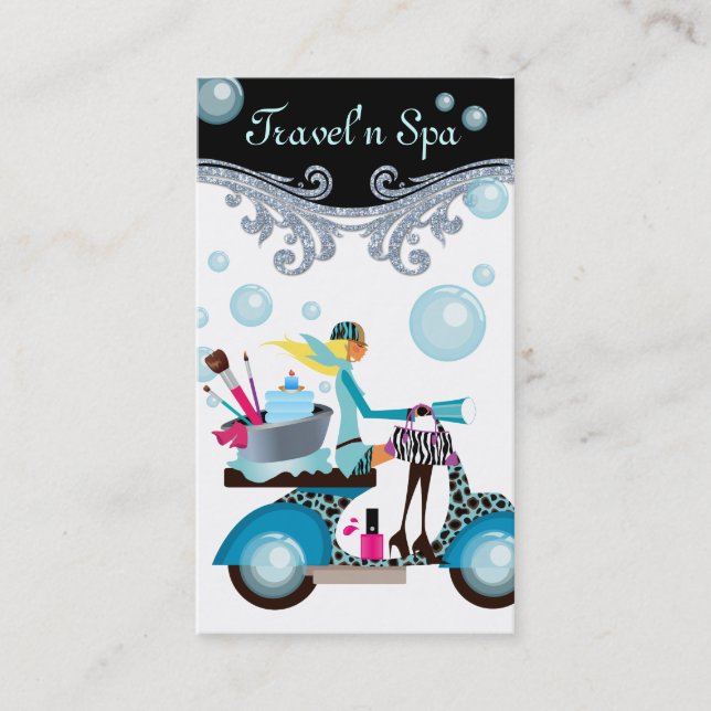Traveling Spa Business Card Scooter Girl Bubbles W (Front)