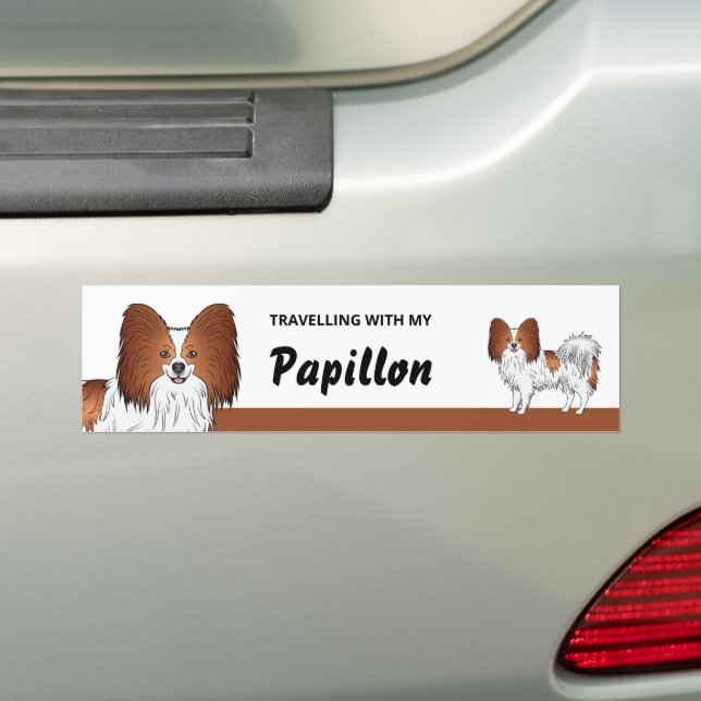 Traveling With My Red And White Papillon Dog Bumper Sticker (On Car)