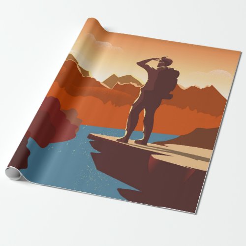 Traveller or explorer with backpack standing on t wrapping paper