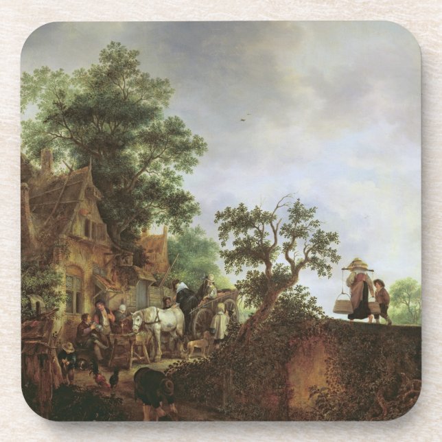 Travellers by an Inn (oil on canvas) Drink Coaster (Front)