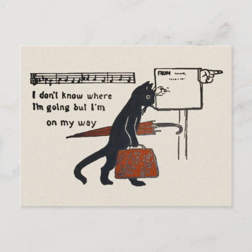 Travelling Black Cat Vintage Style Postcard