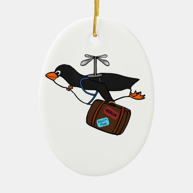 Travelling Flying Helicopter Penguin with Suitcase Ceramic Ornament (Front)