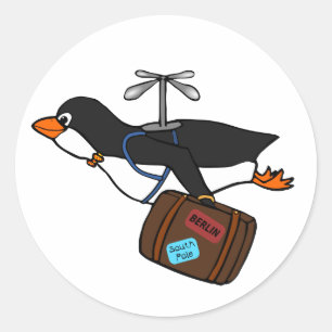 Travelling Flying Helicopter Penguin with Suitcase Classic Round Sticker