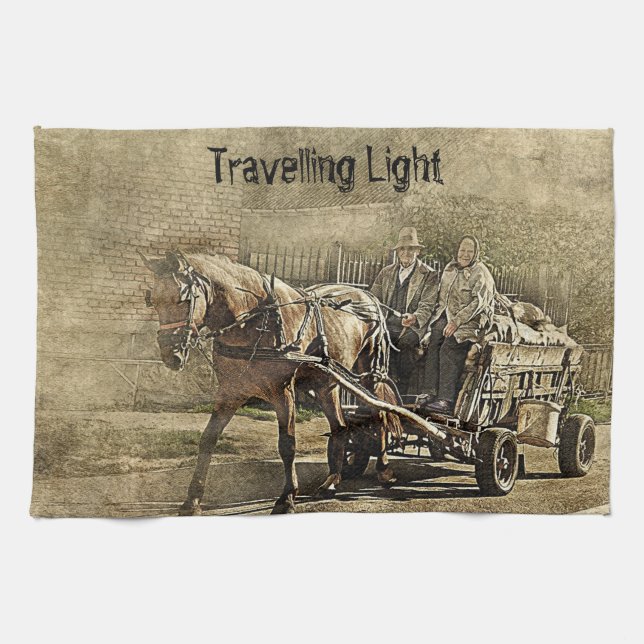 Travelling Light Old Couple on Wagon Kitchen Towel (Horizontal)