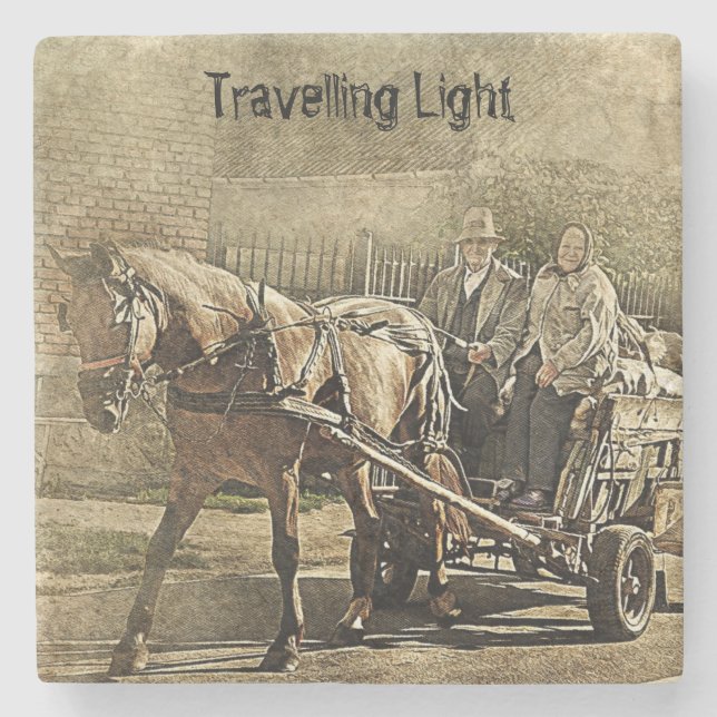 Travelling Light Old Couple on Wagon Stone Coaster (Front)