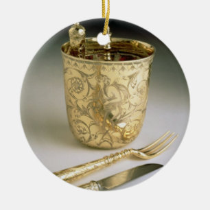 Travelling set of a knife, fork, spoon and beaker, ceramic ornament